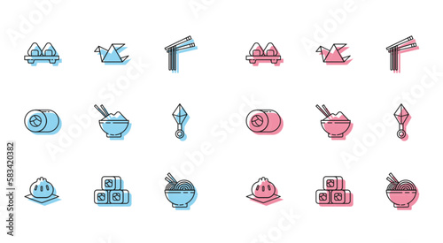 Set line Khinkali on cutting board, Sushi, Asian noodles bowl and chopsticks, Rice with, Japanese ninja shuriken, and Origami bird icon. Vector