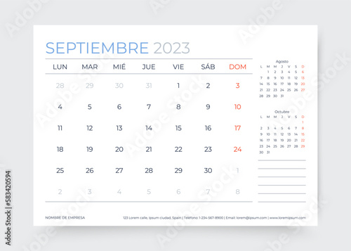 Spanish calendar for September 2023 year. Planner calender template. Week starts Monday. Desk monthly organizer. Table schedule grid. Corporate timetable layout. Vector illustration. Paper size A5