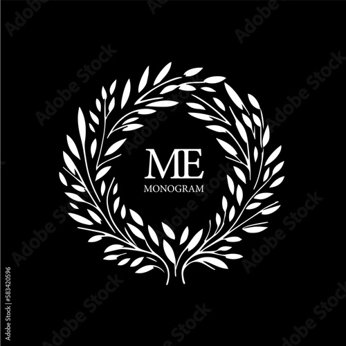 Melissa wreath logo template, round flower bouquet with monogram, white icon, silhouette on black background, boutique logotype concept, cosmetic emblem, tattoo. Vector illustration