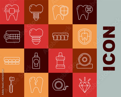 Set line Diamond teeth, Otolaryngological head reflector, Dental protection, implant, Dentures model, Teeth with braces and icon. Vector