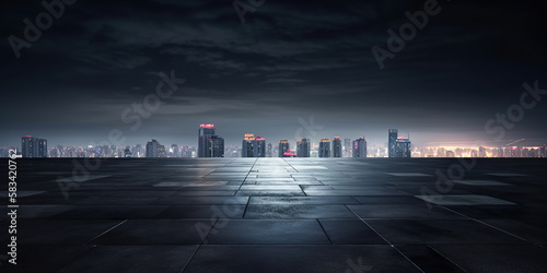empty concrete floor in the foreground, city skyline at night, generative ai