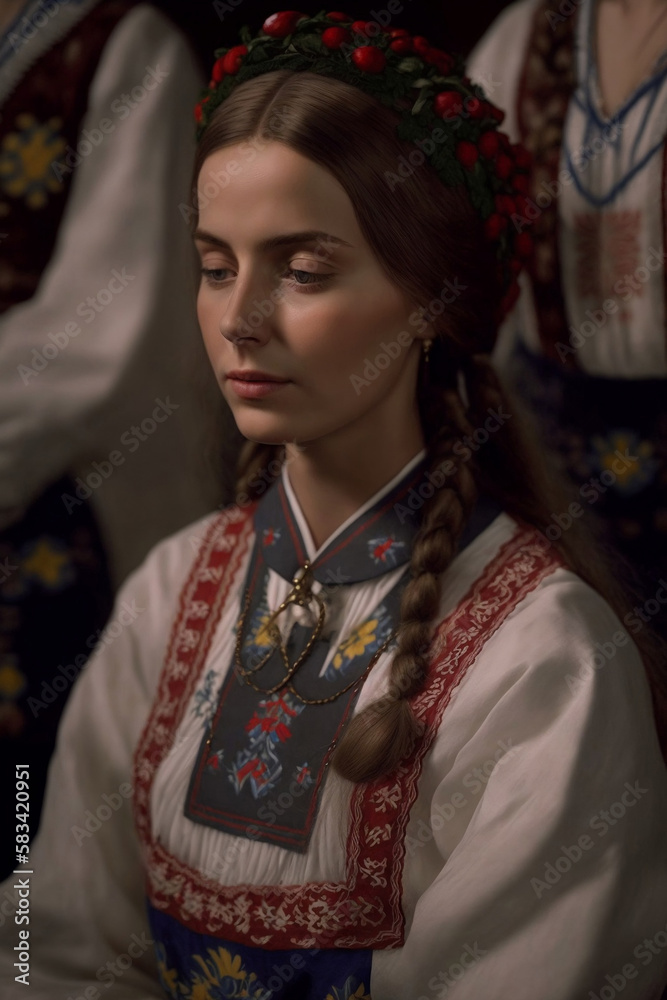 A Ukrainian girl in a national costume. Generative AI.