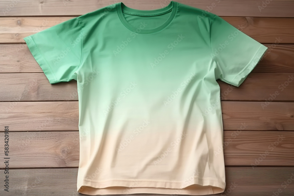 blank green to beige gradient t-shirt flatlay mockup on wooden background, template for t-shirt graphics for webshops, generative ai