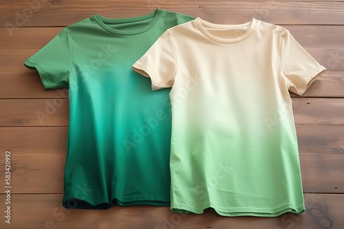 blank green to beige gradient t-shirt flatlay mockup on wooden background, template for t-shirt graphics for webshops, generative ai