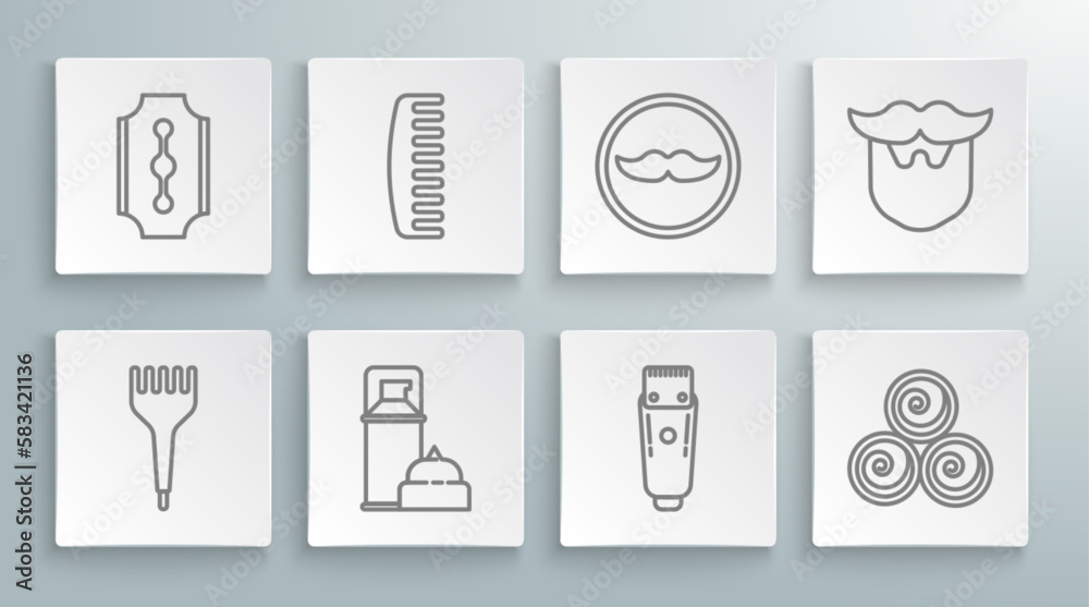 Set line Hairbrush, Shaving gel foam, Electrical hair clipper or shaver, Towel rolls, Mustache, and beard and Blade razor icon. Vector