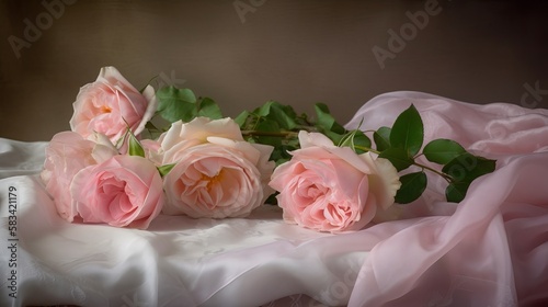 pink roses on soft silk Generative AI