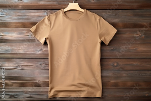blank brown t-shirt flatlay mockup on wooden background, template for t-shirt graphics for webshops, generative ai