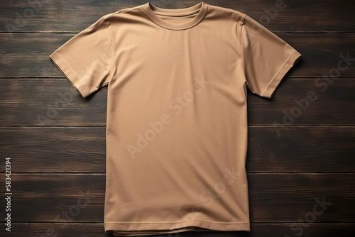 blank brown t-shirt flatlay mockup on wooden background, template for t-shirt graphics for webshops, generative ai