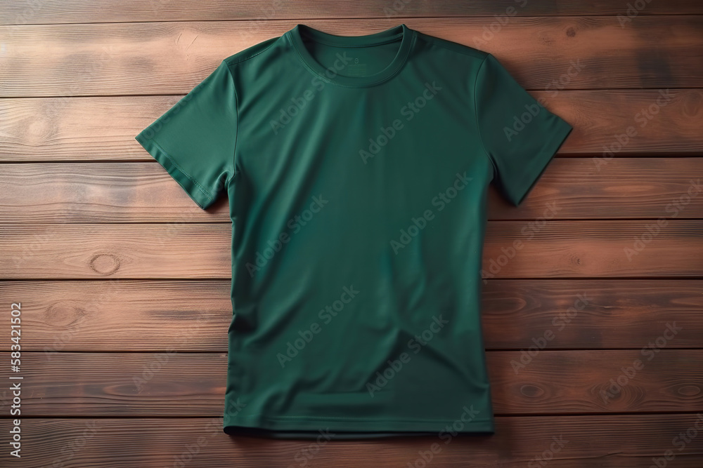 blank green t-shirt flatlay mockup on wooden background, template for t-shirt graphics for webshops, generative ai blank green t-shirt flatlay mockup on wooden background, template for t-shirt graphics for webshops, generative ai