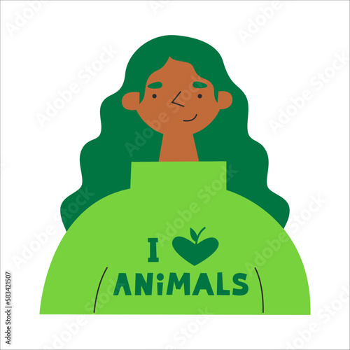 Woman with darker skin wears I love animals sweater. Plant-based flexitarian diet. Sustainable cruelty-free climate-friendly, meatless dairy-free food. Protein replacement.