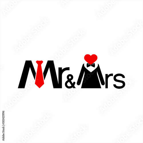 Mr and Mrs text logo design with tie symbol on letter M.