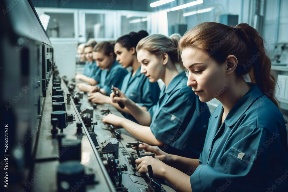 Female factory workers at a generic workplace. Created with Generative AI technology. Female factory workers at a generic workplace. Created with Generative AI technology.