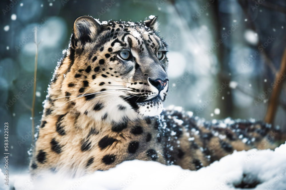 Snow leopard in winter. Created with Generative AI technology.