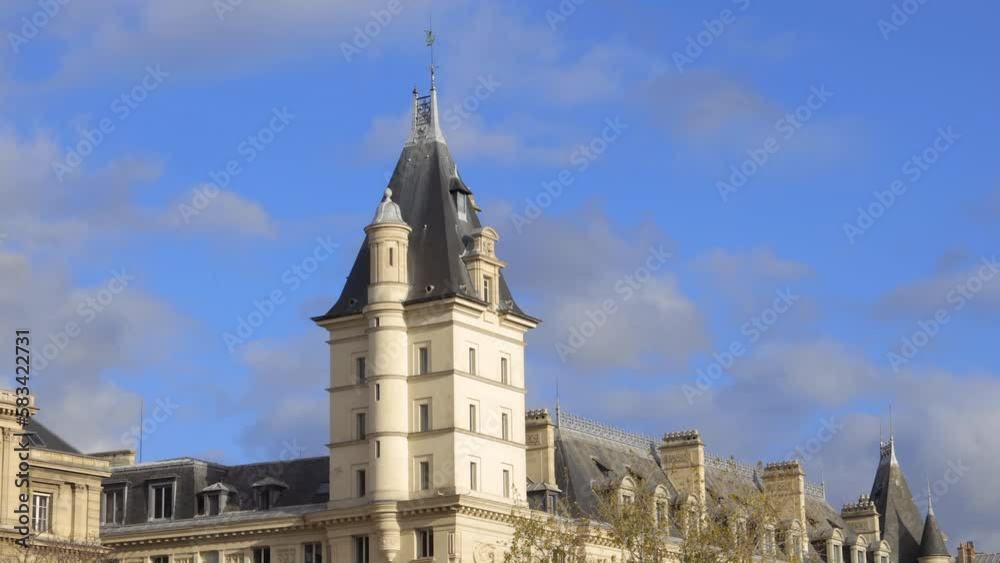 Tour Pointue tower of the Paris Criminal Court building on the Quai des Orfevres in Paris, France Tour Pointue tower of the Paris Criminal Court building on the Quai des Orfevres in Paris, France