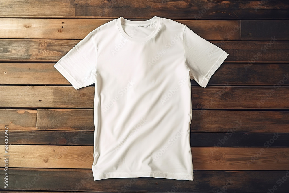 blank white t-shirt flatlay mockup on wooden background, template for t-shirt graphics for webshops, generative ai blank white t-shirt flatlay mockup on wooden background, template for t-shirt graphics for webshops, generative ai