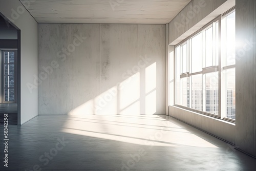 White  empty space with wall to wall sunlight coming in through the window. Generative AI