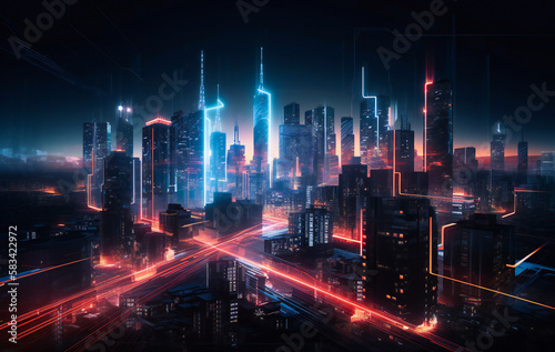 Illustration of a illuminated futuristic city in the night. Created with Generative AI technology.
