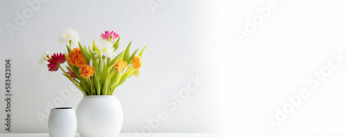 beautiful spring easter flowers in white vase isolated on white background, bright morning lights, copy space, generative ai © Gbor
