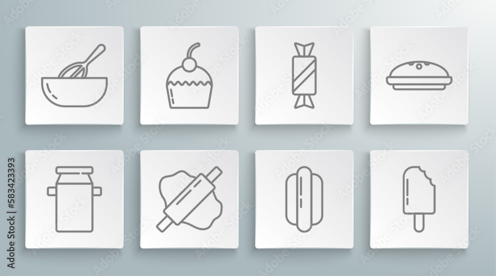 Set line Can container for milk, Cake, Rolling pin dough, Hotdog sandwich, Ice cream, Candy, Homemade pie and Kitchen whisk bowl icon. Vector Set line Can container for milk, Cake, Rolling pin dough, Hotdog sandwich, Ice cream, Candy, Homemade pie and Kitchen whisk bowl icon. Vector