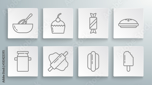 Set line Can container for milk, Cake, Rolling pin dough, Hotdog sandwich, Ice cream, Candy, Homemade pie and Kitchen whisk bowl icon. Vector