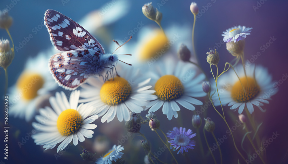 Beautiful wild flowers chamomile, purple wild peas, butterfly in morning haze in nature close - up. AI generative