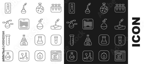 Set line Chemical online, Test tube and flask, Petri dish with pipette, Periodic table, Medical thermometer and Plant breeding icon. Vector