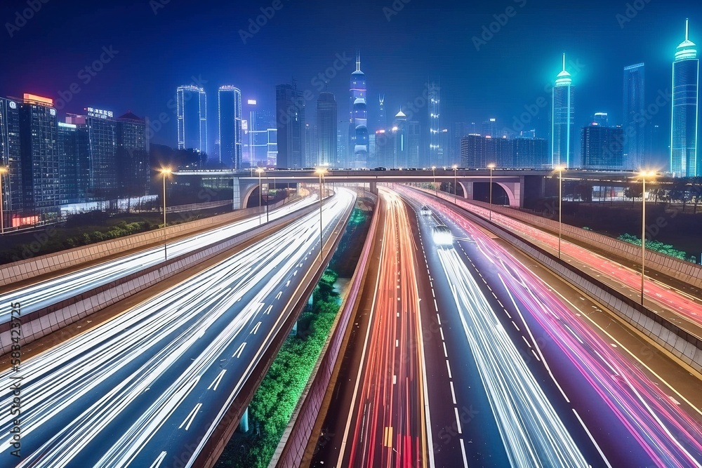 Fototapeta premium Nighttime Shanghai Skyline, Futuristic Architecture Illuminated by Colorful Lights, AI-Generated
