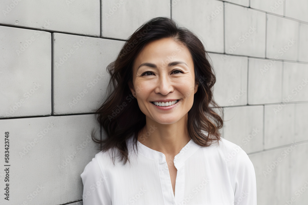 Asian woman with shoulder length hair in front of a white wall. Generative AI. Asian woman with shoulder length hair in front of a white wall. Generative AI.