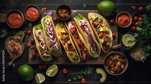 Overhead shot of tacos for restaurant menu. Mexican traditional cuisine. Generative AI