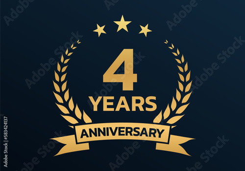 4 year anniversary laurel wreath logo or icon. Jubilee, birthday badge, label or emblem. 4th celebration design element. Vector illustration.