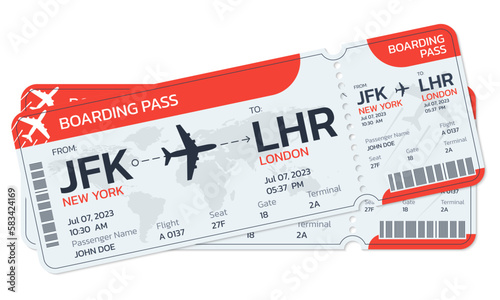 Plane tickets. Airlane boarding pass. Airplane travel concept. Air ticket design. Vector illustration.