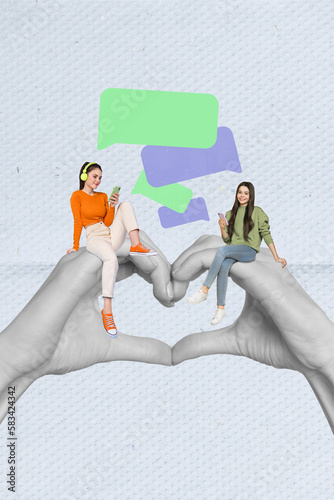 Creative minimal collage of young two friends together chatting online communicating messenger receive information isolated on gray background