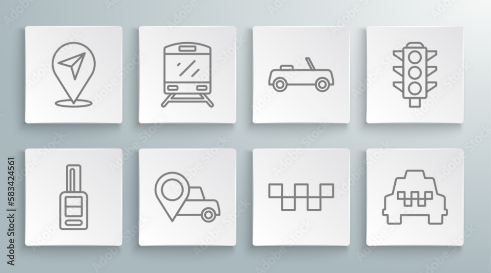 Set line Car key with remote, Train, Location taxi, Taxi car roof, Traffic light and icon. Vector Set line Car key with remote, Train, Location taxi, Taxi car roof, Traffic light and icon. Vector
