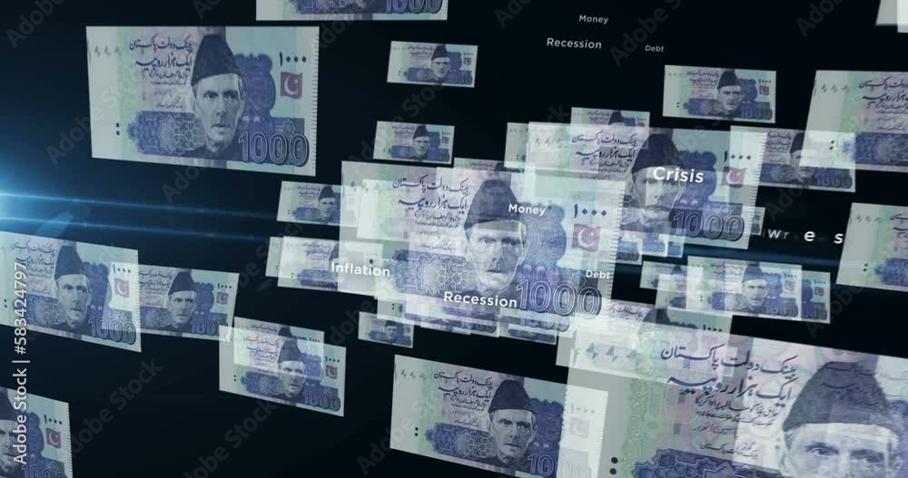 Pakistani Rupee 1000 PKR banknote loop. Flying between transparent money Pakistan note. 3D seamless looped abstract concept of business, economy, finance, crisis and banking. Pakistani Rupee 1000 PKR banknote loop. Flying between transparent money Pakistan note. 3D seamless looped abstract concept of business, economy, finance, crisis and banking.