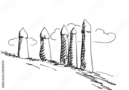 Love Valley in Cappadocia vector hand drawn, Fairy Chimneys unusual rock formations travel sketch in the Goreme National Park, Turkish nature