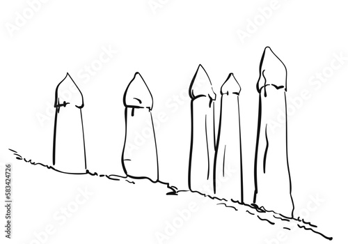 Love Valley in Cappadocia vector hand drawn, Fairy Chimneys unusual rock formations travel line sketch in the Goreme National Park, Turkish nature