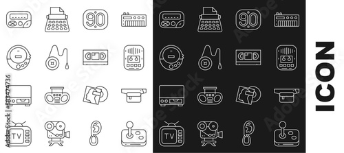 Set line Joystick, Waist bag of banana, Cassette tape player, 90s Retro, Yoyo toy, Music CD, Pager and VHS video cassette icon. Vector