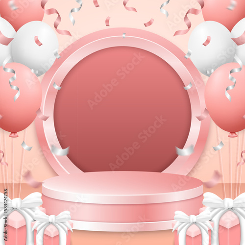 birthday background with realistic 3d balloons and gift box