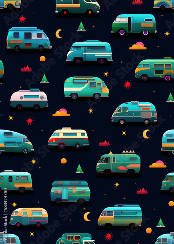 Rapport of travel camper vans autos volumetric for mirror pattern. Seamless pattern with camper vans and camping trailers in blue background for repetition. Generative AI. Pattern rapport.