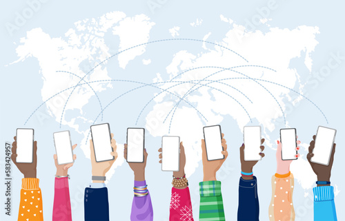 Wallpaper Mural Diverse people hold hans raised up with smartphones at world map background. Global communication, big data collecting,  Information Age, digital online lifestyle, Global sociaety vector illustration Torontodigital.ca