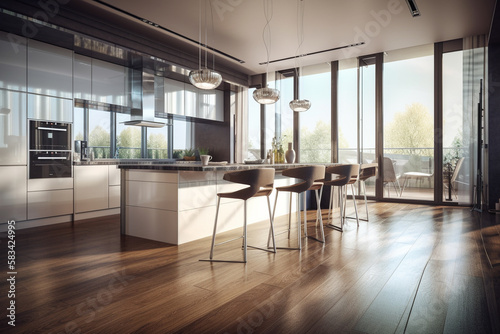 Spacious kitchen in modern style, brightly lit by the sun. AI Genarated ©  iiulia
