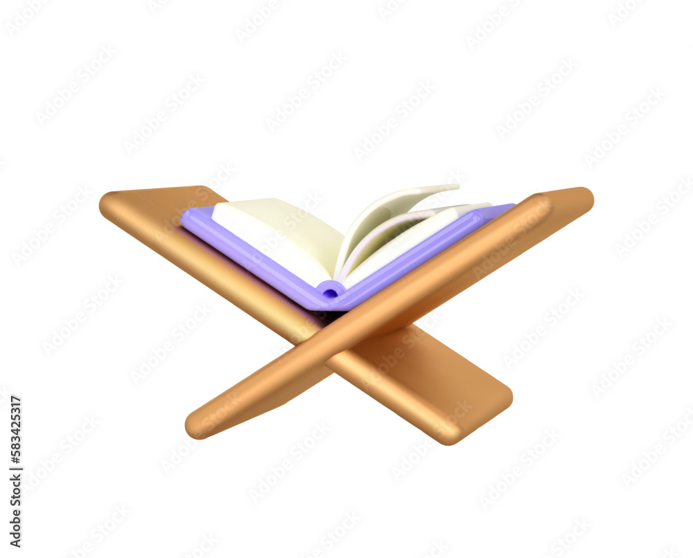 Rehal Icon 3d muslim icon. Rehal and open quran, prayer element. Vector realistic ...