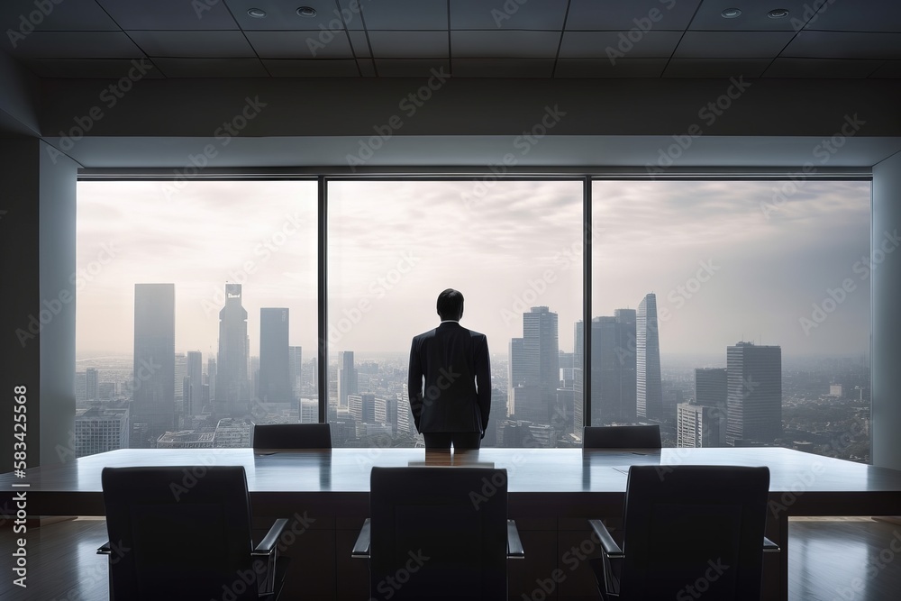 Businessman standing in conference room and looking at the city. Generative AI