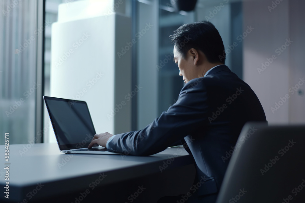 Businessman working on laptop computer in modern office. Asian male entrepreneur using laptop computer at workplace. Generative AI