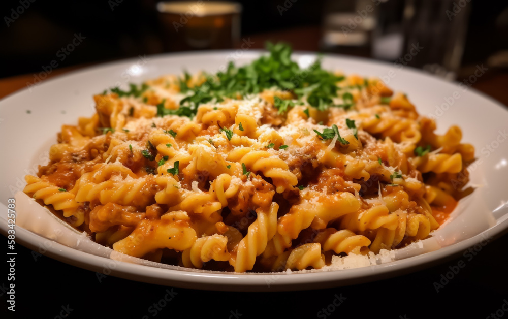 Italian Fusilli Pasta served with herbs pasta sauce and parmesan cheese. Styled background and shallow field of view. Illustrative Generative Ai. Italian Fusilli Pasta served with herbs pasta sauce and parmesan cheese. Styled background and shallow field of view. Illustrative Generative Ai.