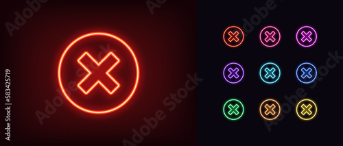 Outline neon cross mark icon set. Glowing neon error sign, cancel and reject, X pictogram. Incorrect select, cancel cross mark, disapprove request, notice refuse, wrong answer and mistake.