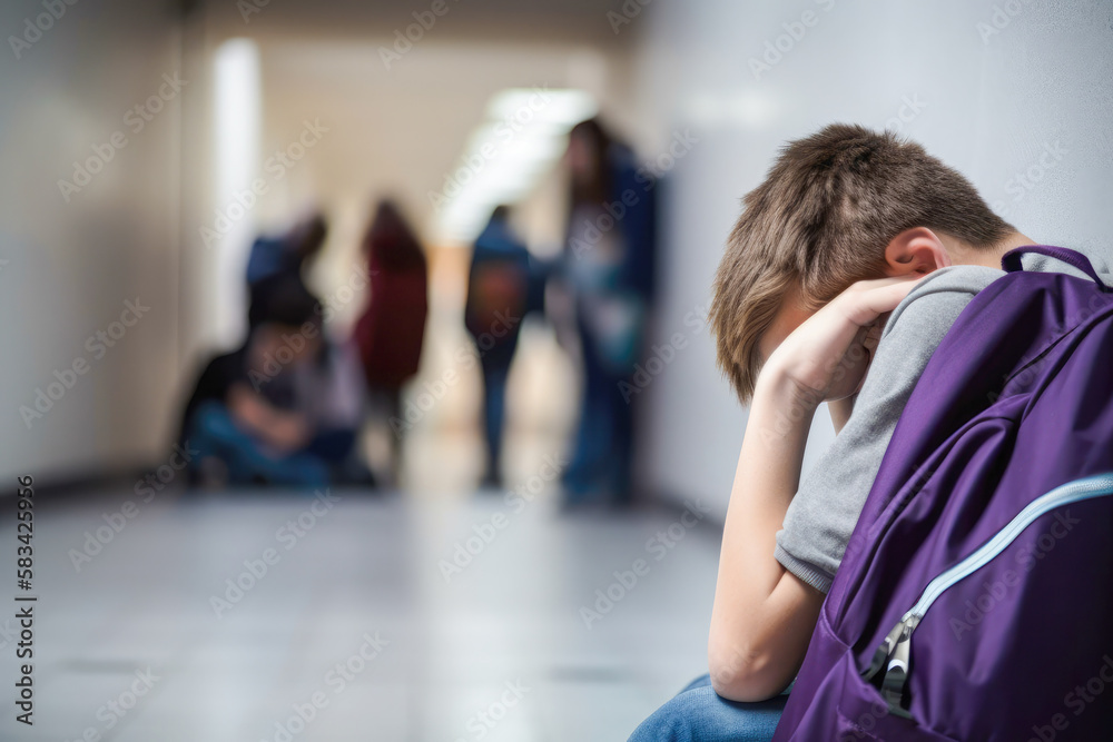 Bullying at school and high school. Upset bullied teen boy suffering sitting against the school locker on the floor in the school corridor. Social problems, children's rights. Generative AI.