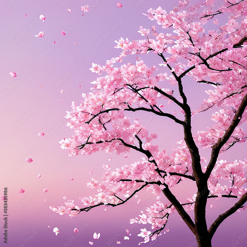 pink sakura tree petals fall on wind gouache painting with generative AI technology