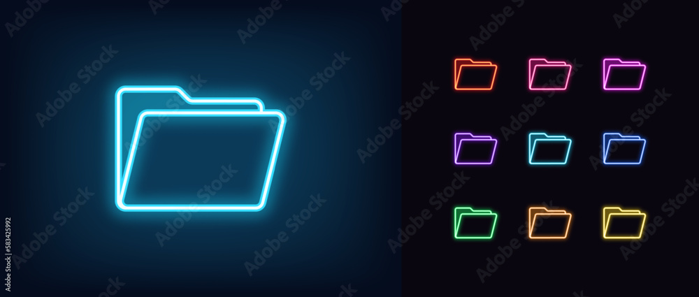 Outline neon folder icon set. Glowing neon file folder sign, open data directory pictogram. Computer archive, project folder, work portfolio, file and document storage, data repository. - obrazy, fototapety, plakaty 