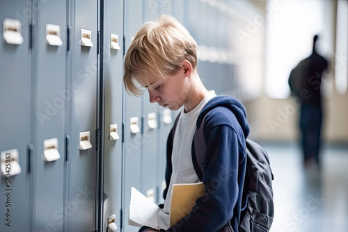 Bullying at school and high school. Upset bullied teen boy suffering standing in front of the school locker in the school corridor. Social problems, children's rights. Generative AI. photo